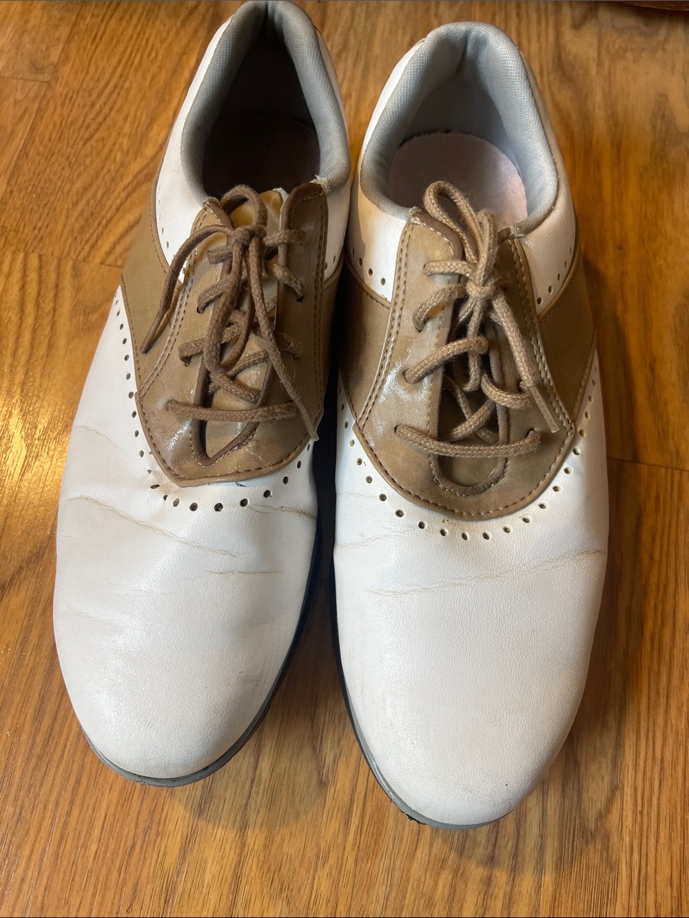 Women’s Leather Spiked White and Brown Golf Shoes